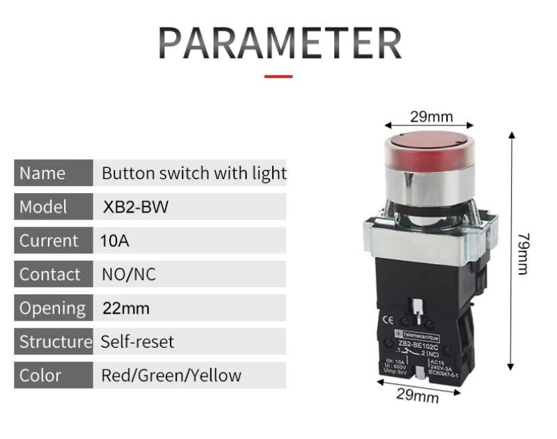 Machine Metal Light Industrial push Button Switches Self-reset Momentary Button Switch 1NO 1NC XB2-BW