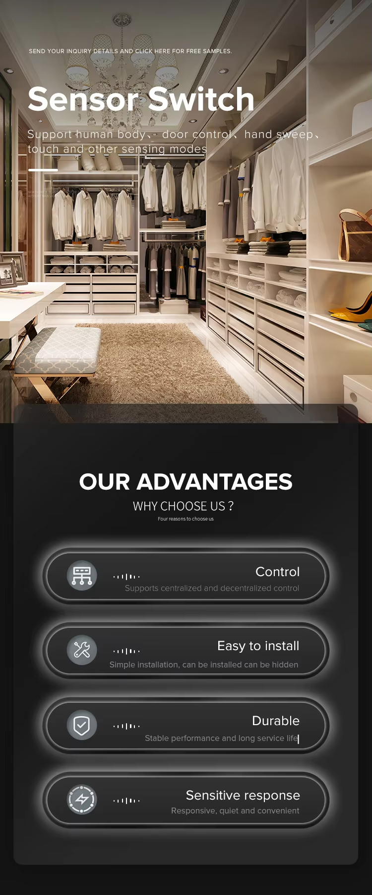 Led cabinet wardrobe sensor switch Removable infrared body sensing centralized control