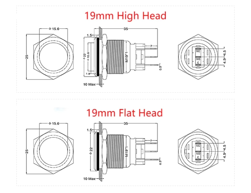 Industrial Push Button Switches Waterproof Momentary Self Lock Stainless Steel with LED Yellow Blue White Light