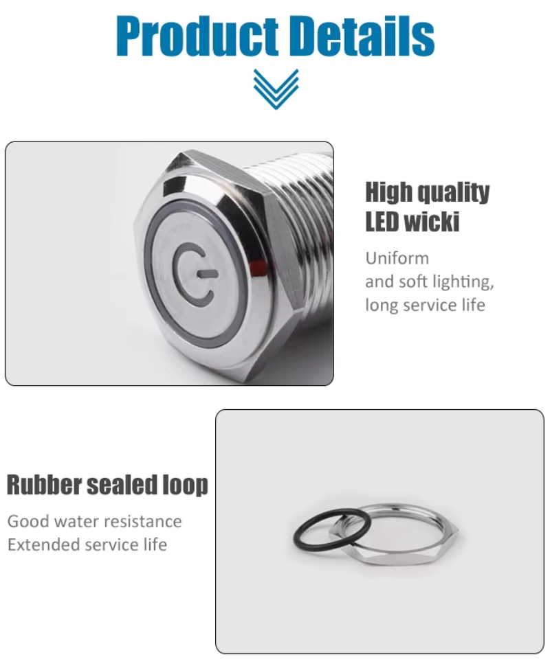 Industrial Push Button Switches Waterproof Momentary Self Lock Stainless Steel with LED Yellow Blue White Light