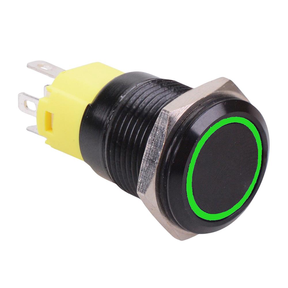 Green LED On-On Latching 16mm Black Vandal Resistant Push Button Switch SPDT