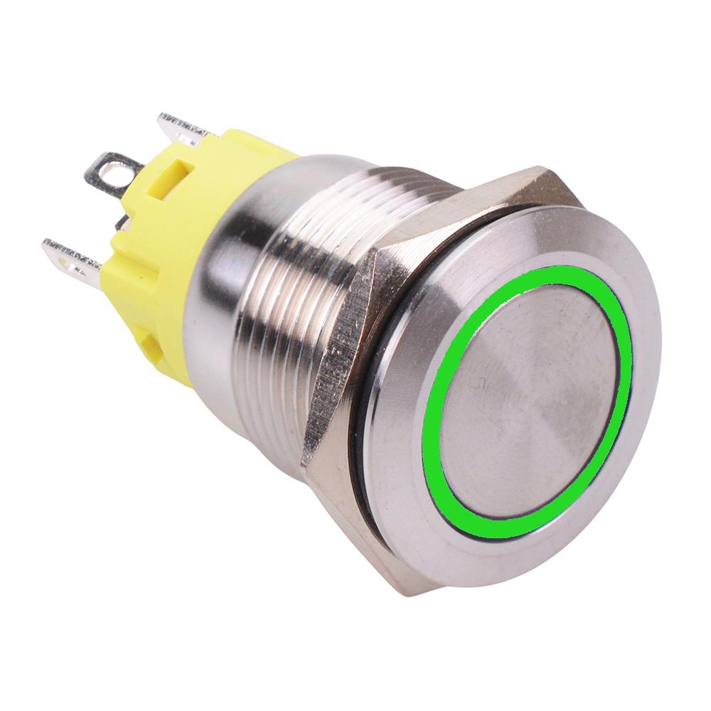 Green LED On-On Latching 19mm Vandal Resistant Push Button Switch SPDT