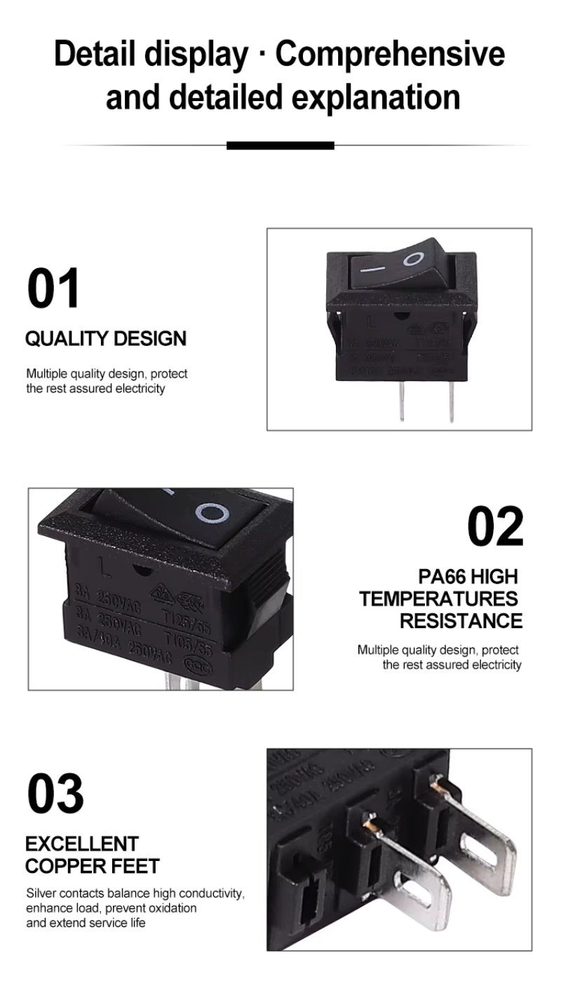 Rectangle Rocker Switches 2-Pin UL Certified Momentary On-Off-On Rocker Switch 250VAC110V Double Pole Rocker Switch