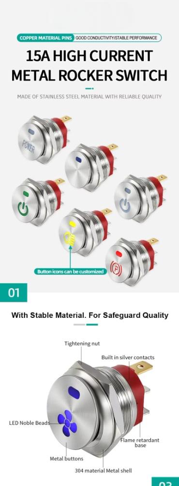 22mm High Current 20A  Metal Round Rocker Switches 12-24V LED Metal Push Button for Car or Boat