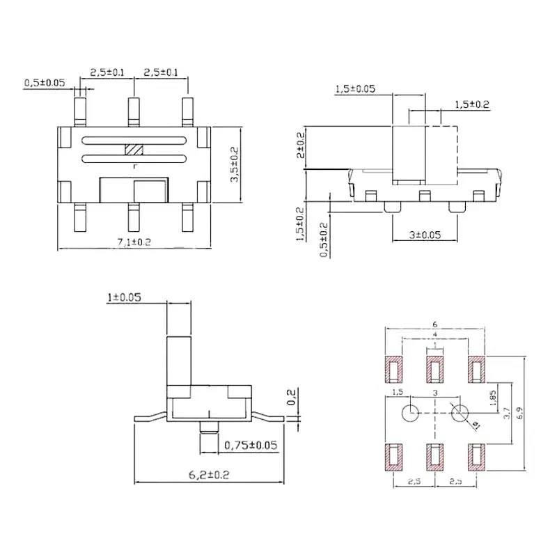 SOCOJE Slide Switches SMD 2P2T Micro Slide Switch 2 Position MSMT Miniature Switch 6 Pin Handle Height 1.5mm/2.0mm/2.5mm/3.0mm