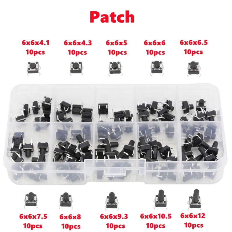 100 PCS 10 Models 6*6 Tact Switch Tactile Push Button Switch Kit Height: 4.1 5~12MM DIP 4P Micro Switch 6x6 Key Switch