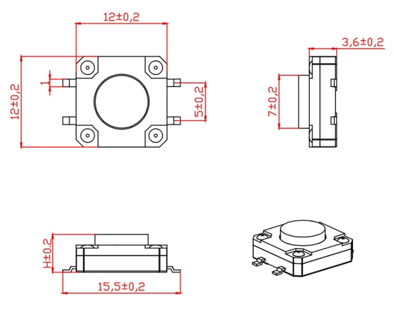 12*12mm Tactile Pushbutton Switch Momentary Tact with LED Light Micro Key Power Tactile Switches