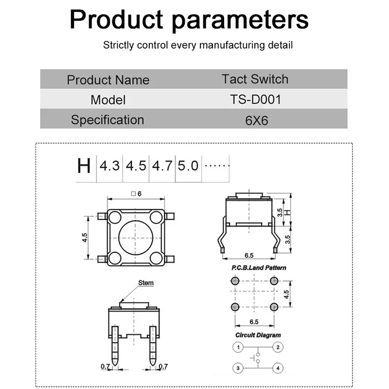 20PCS 4Pin 6*6 Tact Switch Mini Micro Momentary Tactile Push Button Switch 6*6*x4.3/5/5.5/6/7/8/9/10/11mm