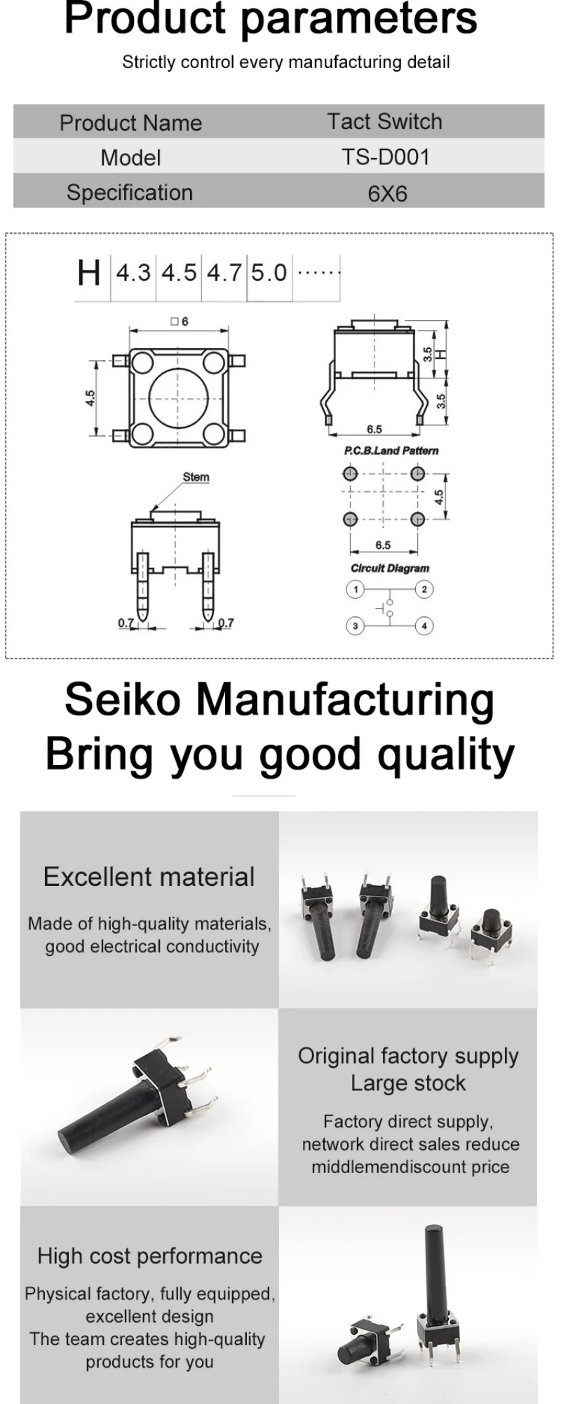 20PCS/lot Tactile Switch Momentary Tactile tact Push Button Switch 6x6x4.3/5/5.5/6/7/8/9/10/11mm Mini Micro Switch 6x6mm