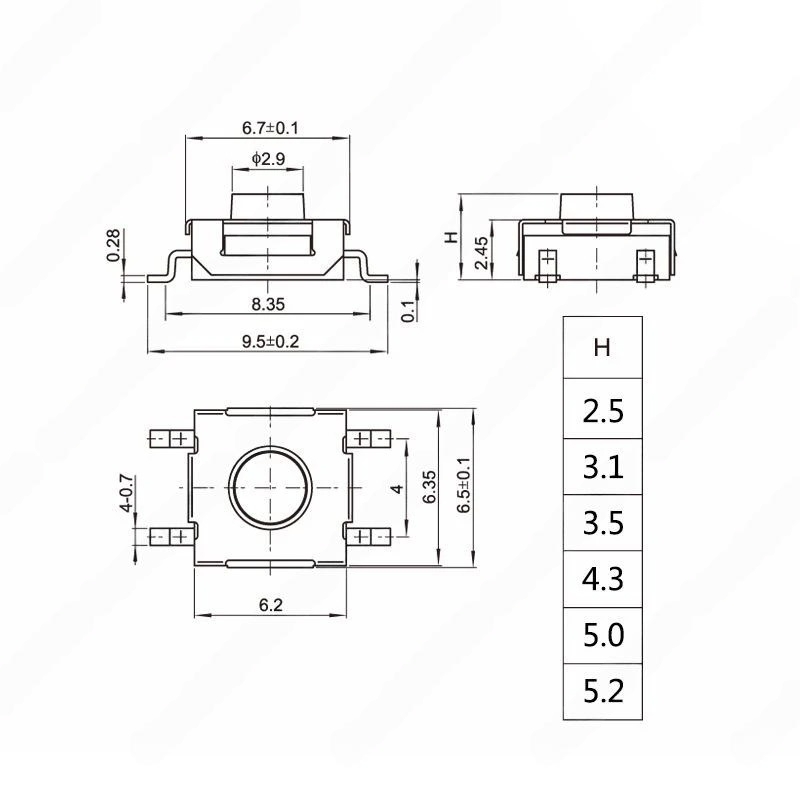30PCS 6.2 X 6.2mm H=3.1/3.5/4.3/5.0mm Momentary Tactile Tact Switch Silicone Gel Push Button Blue Rubber Head Key Switch